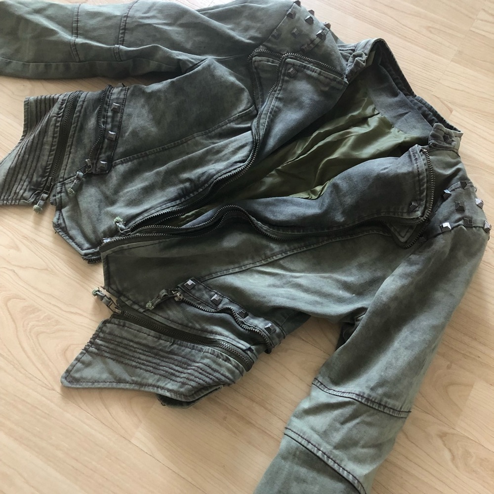 Stone washed green denim jacket